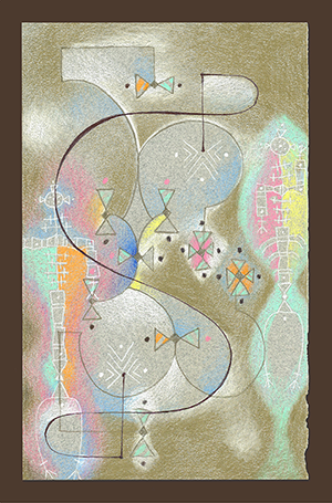 Thumbnail of Figure S, two figures in a complex but graceful field of symbols and shapes.